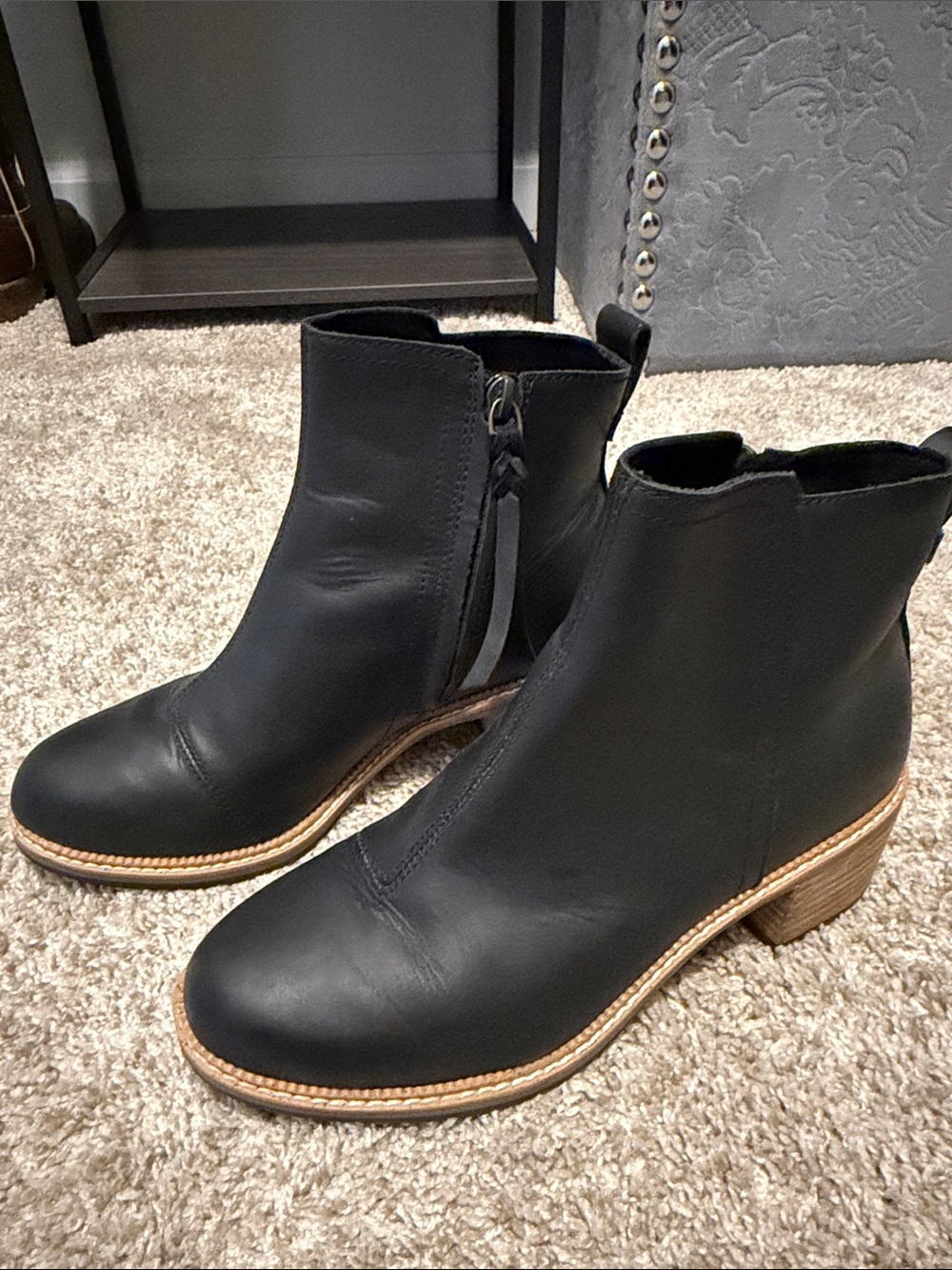 Toms Black Leather Ankle Boots with Tan Stacked Heel